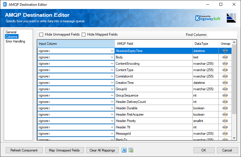 SSIS AMQP Destination - columns